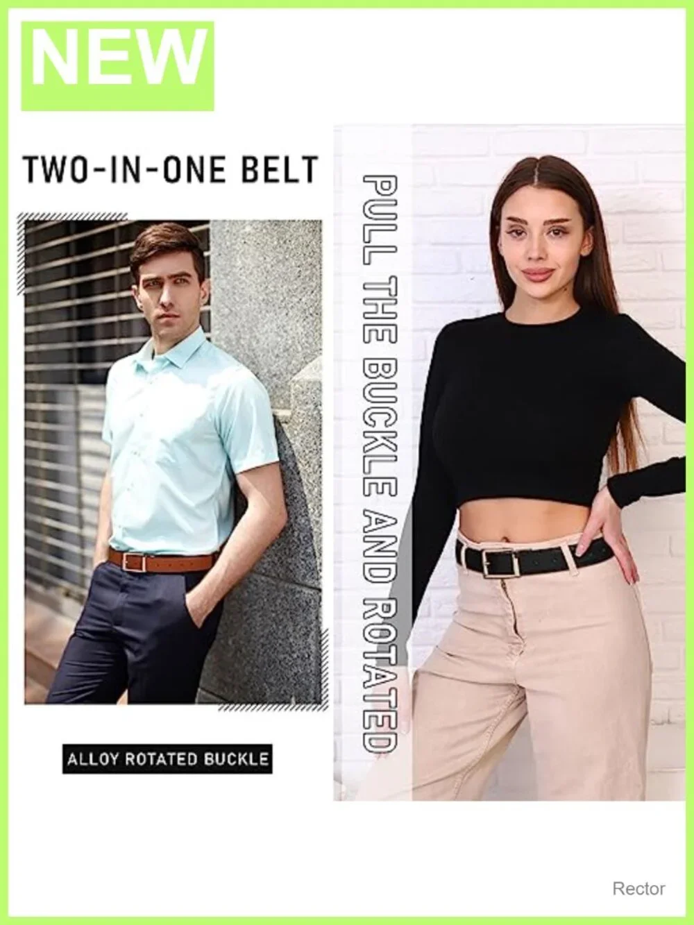 Women's Reversible PU Leather Belt with Rotated Buckle, Two-in-One in One Strip
